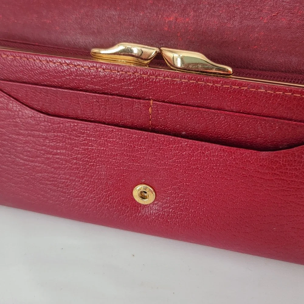 Valentino Pasini Red Leather Long Kiss Lock Wallet Gold Tone Hardware